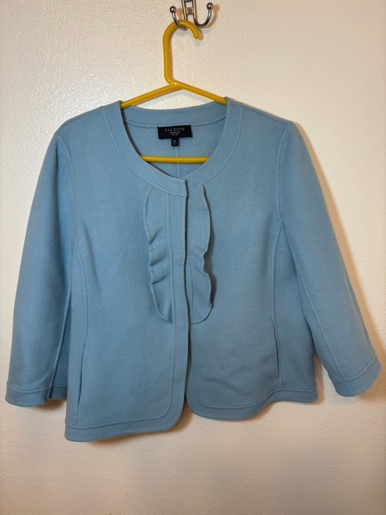 Talbots Jackets & Blazers - Talbots Pale Blue Collarless Ruffle Detail Coat